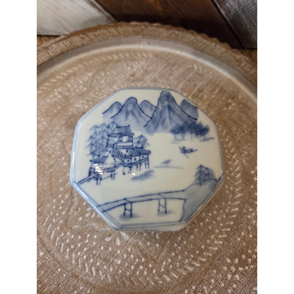 Blue and White Porcelain Octagonal Trinket Box Chinoiserie Landscape Pagoda Lid